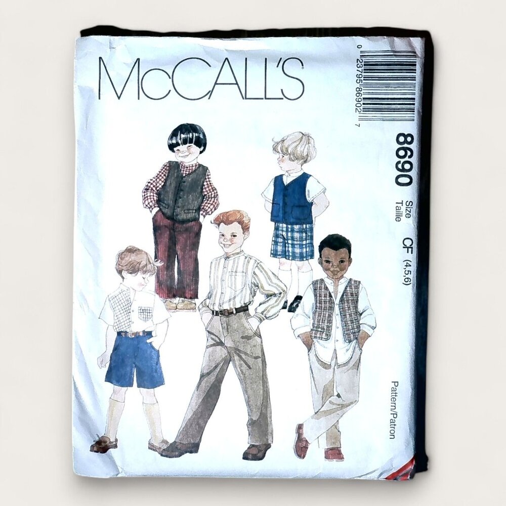 Vintage 1990s McCalls Sewing Pattern 8690 Boys Vest Shirt Pants Shorts Size 4-6